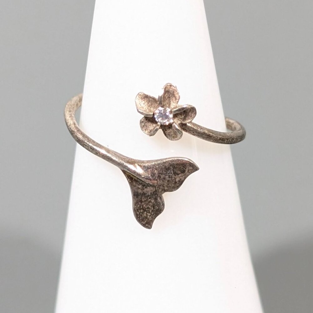 Sterling Silver 925‎ Flower Dolphin Tale Bypass Wrap Ring Size 5  Boho Surfer